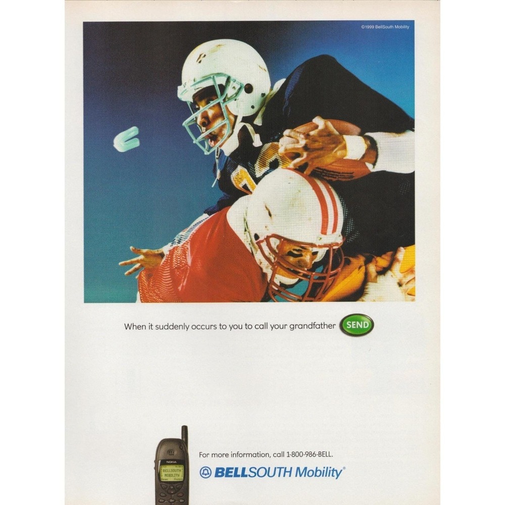 Vintage 1999 BellSouth Mobility  Print Ad  Nokia Cell Phone Football Y2K Decor